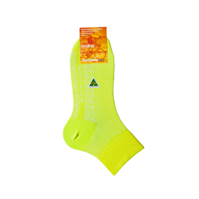 Package shot of Humphrey Law 27B low cut ankle merino wool hiking sock in fluro yellow colour