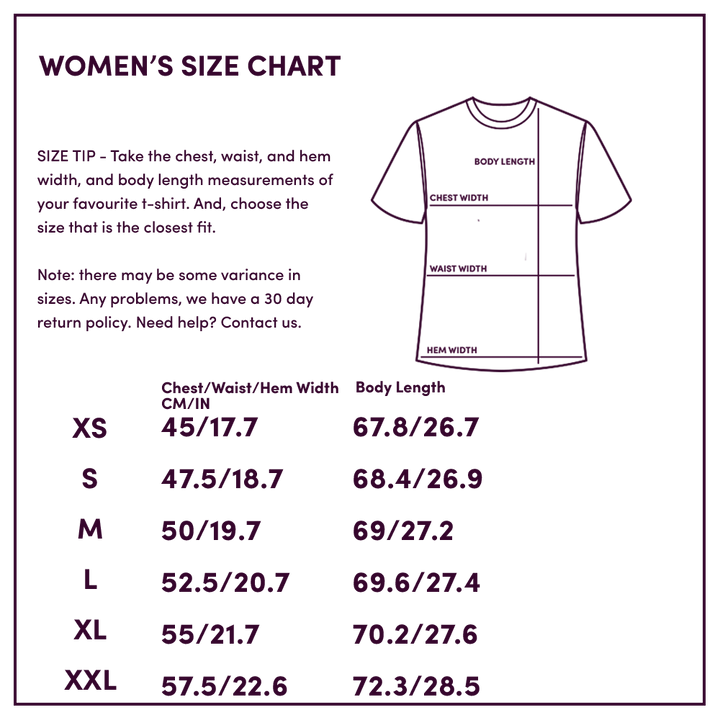 Size chart of women's short sleeve merino t-shirt by Ottie Merino