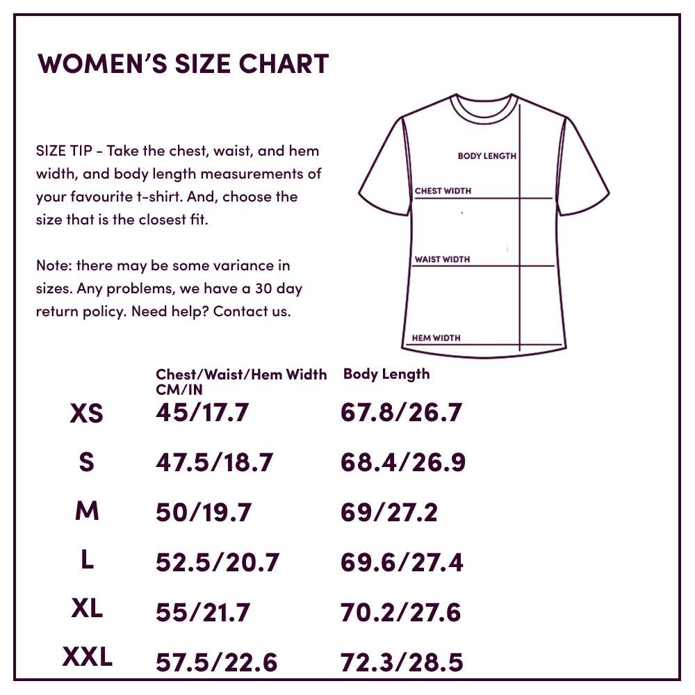 Size chart of women's short sleeve merino t-shirt by Ottie Merino
