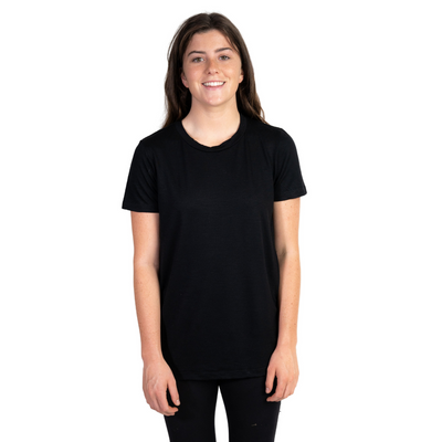 Front shot of Ottie Merino women's black short sleeve merino wool t-shirt on 166cm model who is wearing a size small